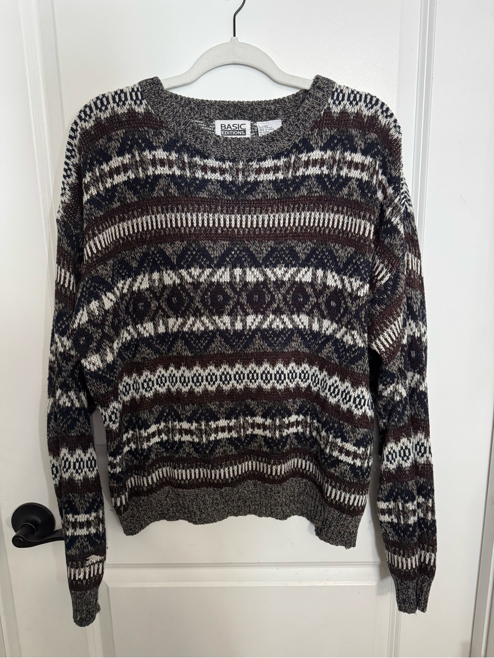 Basic Editions Brown, Gray & White Fair Isle Crewneck Sweater